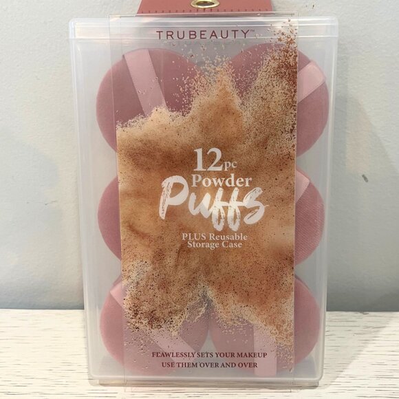12 Piece Powder Puffs Set plus Reusable Storage Case Trubeauty Mauve Pink - Picture 1 of 6